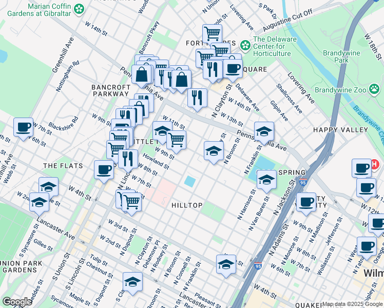 map of restaurants, bars, coffee shops, grocery stores, and more near 1615 West 10th Street in Wilmington
