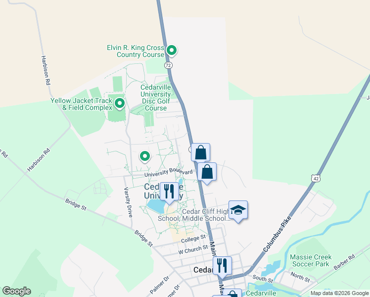 map of restaurants, bars, coffee shops, grocery stores, and more near North Main Street in Cedarville
