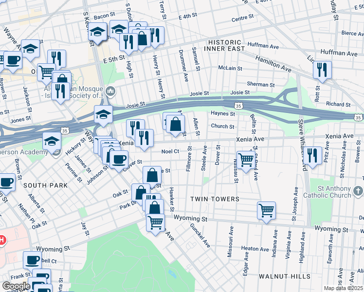 map of restaurants, bars, coffee shops, grocery stores, and more near 501 Xenia Avenue in Dayton
