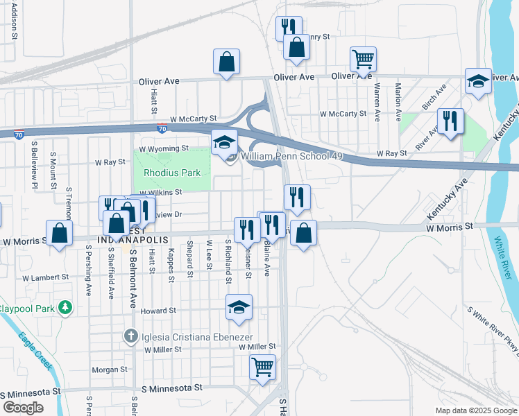 map of restaurants, bars, coffee shops, grocery stores, and more near 1598 West Wilkins Street in Indianapolis