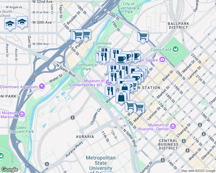 map of restaurants, bars, coffee shops, grocery stores, and more near 1485 Delgany Street in Denver