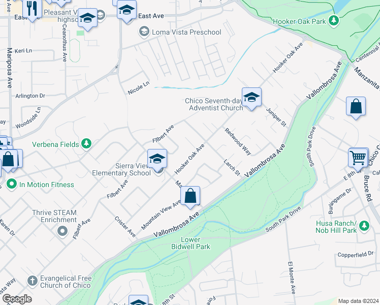 map of restaurants, bars, coffee shops, grocery stores, and more near 1678 Hooker Oak Avenue in Chico