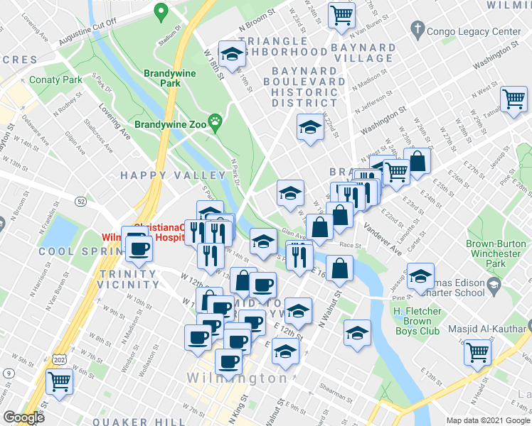 map of restaurants, bars, coffee shops, grocery stores, and more near 219 West 17th Street in Wilmington