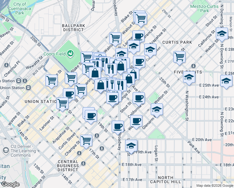 map of restaurants, bars, coffee shops, grocery stores, and more near in Denver