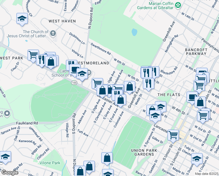 map of restaurants, bars, coffee shops, grocery stores, and more near 3000 Conrad Street in Wilmington
