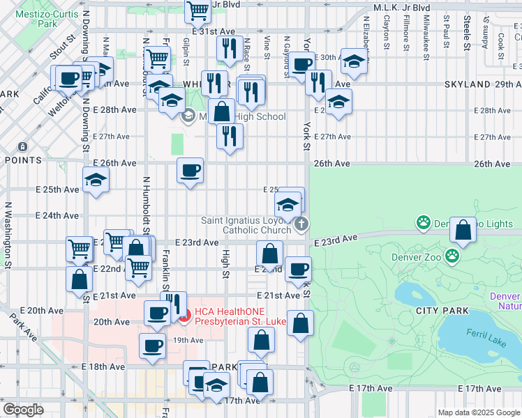 map of restaurants, bars, coffee shops, grocery stores, and more near 2449 Vine Street in Denver