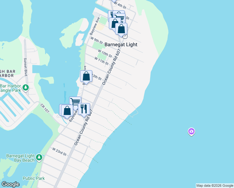 map of restaurants, bars, coffee shops, grocery stores, and more near 13 East 13th Street in Barnegat Light