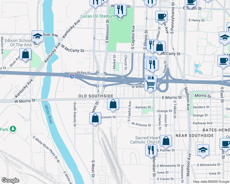map of restaurants, bars, coffee shops, grocery stores, and more near 1102 South Senate Avenue in Indianapolis