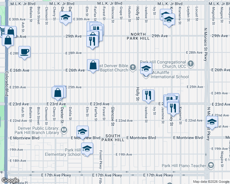 map of restaurants, bars, coffee shops, grocery stores, and more near North Glencoe Street in Denver