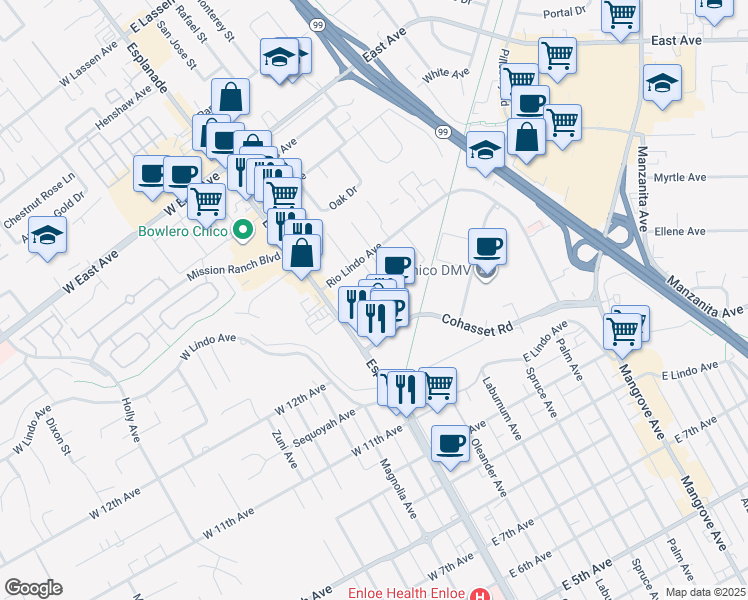 map of restaurants, bars, coffee shops, grocery stores, and more near 12 Williamsburg Lane in Chico