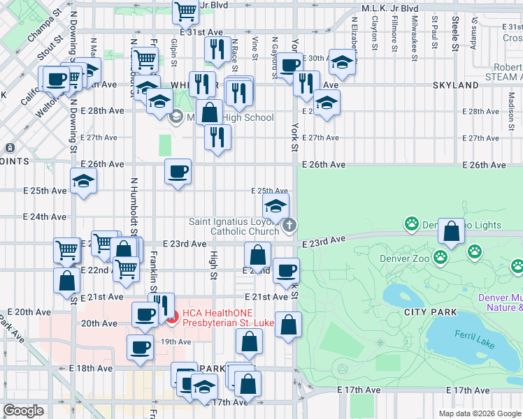 map of restaurants, bars, coffee shops, grocery stores, and more near 2449 Vine Street in Denver