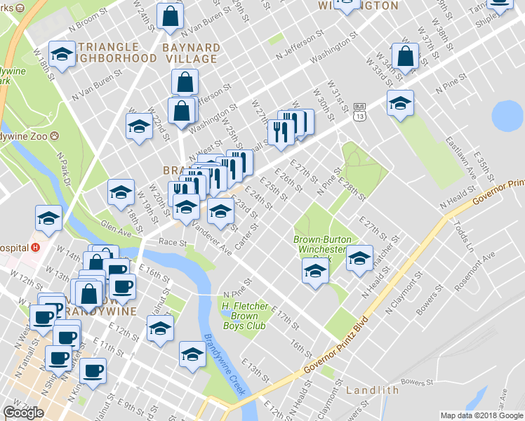map of restaurants, bars, coffee shops, grocery stores, and more near 2313 Carter Street in Wilmington