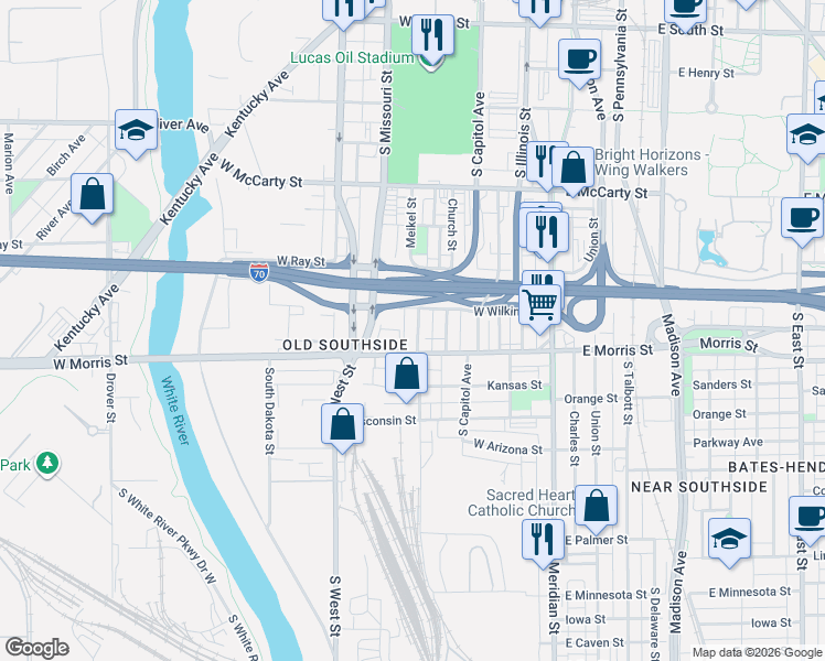 map of restaurants, bars, coffee shops, grocery stores, and more near 1130 South Senate Avenue in Indianapolis