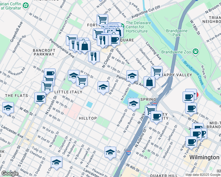 map of restaurants, bars, coffee shops, grocery stores, and more near 1007 North Broom Street in Wilmington