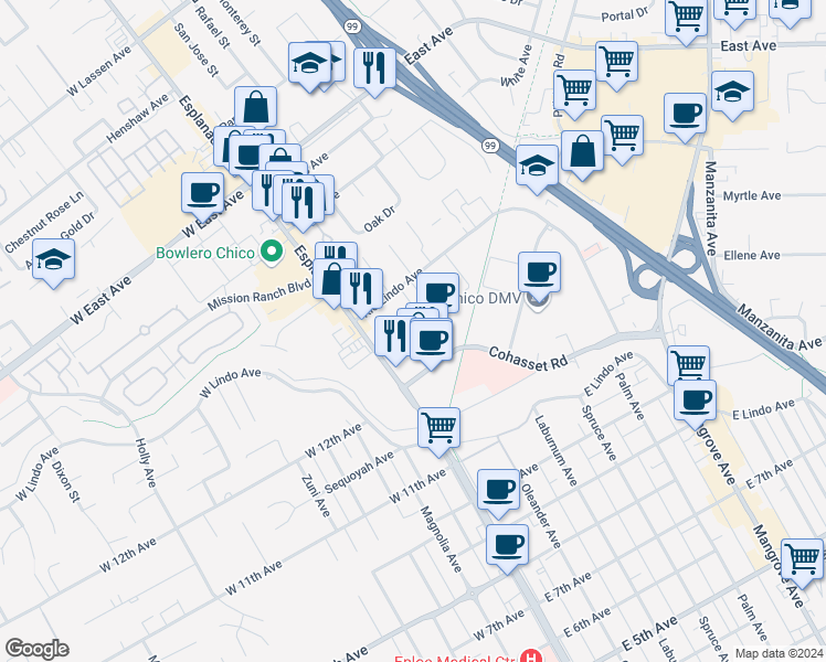 map of restaurants, bars, coffee shops, grocery stores, and more near 2 Williamsburg Lane in Chico