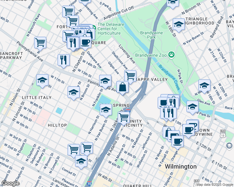 map of restaurants, bars, coffee shops, grocery stores, and more near 1100 Pennsylvania Avenue in Wilmington