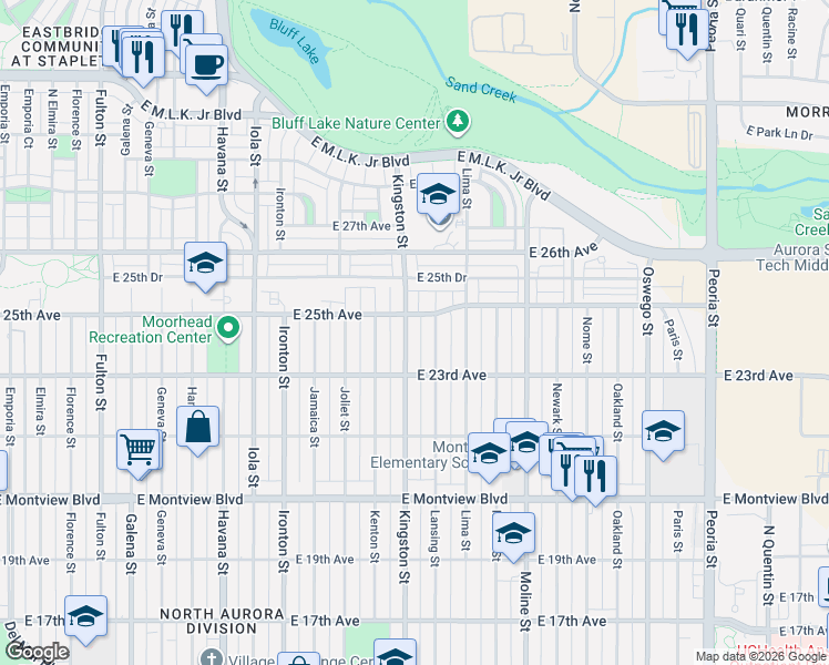 map of restaurants, bars, coffee shops, grocery stores, and more near 2507 Kingston Street in Aurora