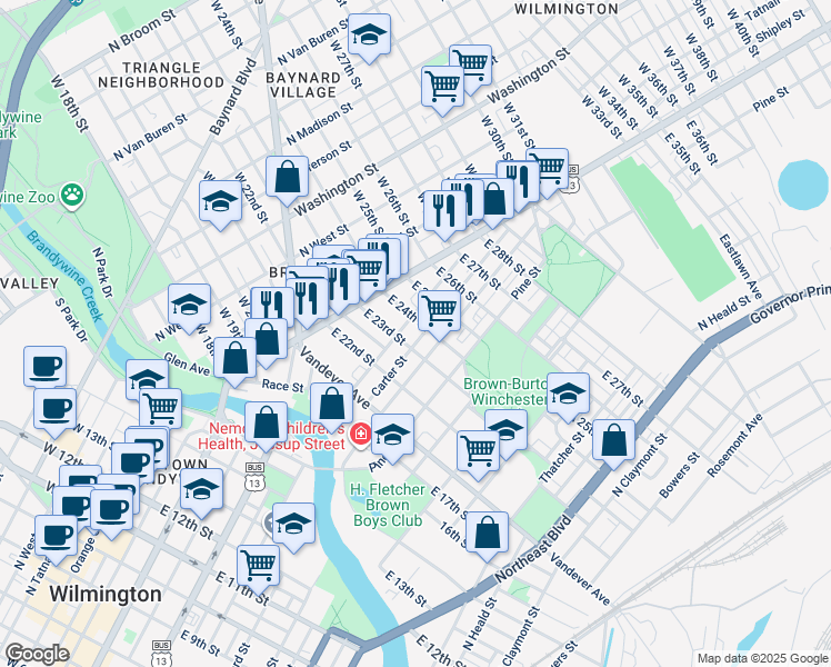 map of restaurants, bars, coffee shops, grocery stores, and more near 2313 Carter Street in Wilmington