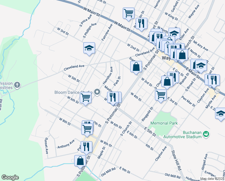 map of restaurants, bars, coffee shops, grocery stores, and more near 315 Park Street in Waynesboro