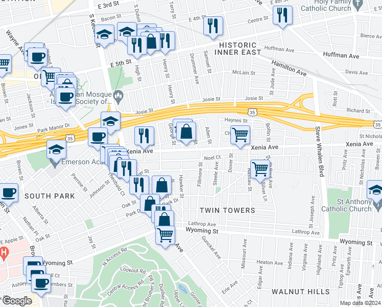 map of restaurants, bars, coffee shops, grocery stores, and more near 416 Xenia Avenue in Dayton