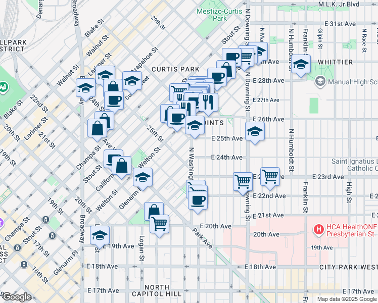 map of restaurants, bars, coffee shops, grocery stores, and more near 2541 Glenarm Place in Denver