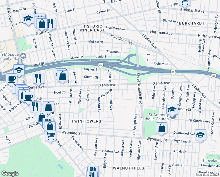 map of restaurants, bars, coffee shops, grocery stores, and more near 511 Saint Paul Avenue in Dayton