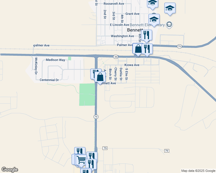 map of restaurants, bars, coffee shops, grocery stores, and more near 291 South Birch Street in Bennett