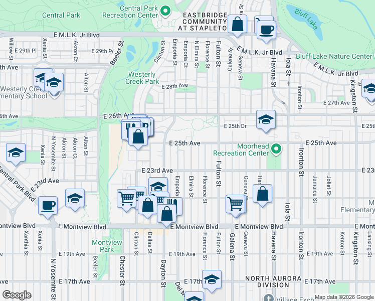 map of restaurants, bars, coffee shops, grocery stores, and more near 9901 East 25th Avenue in Aurora