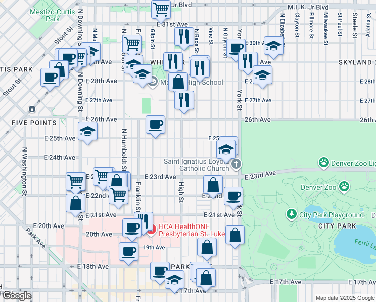 map of restaurants, bars, coffee shops, grocery stores, and more near 2449 Race Street in Denver