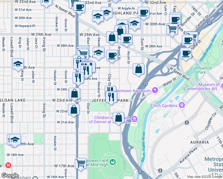 map of restaurants, bars, coffee shops, grocery stores, and more near in Denver
