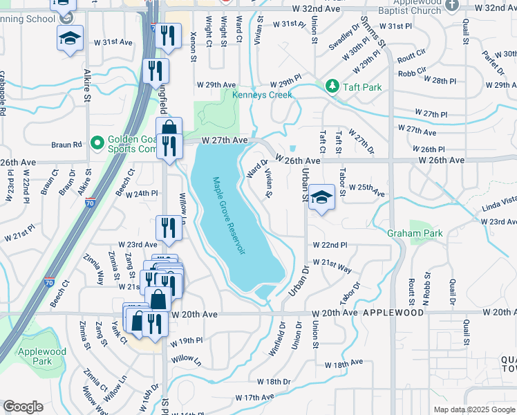 map of restaurants, bars, coffee shops, grocery stores, and more near 2458 Ward Drive in Lakewood