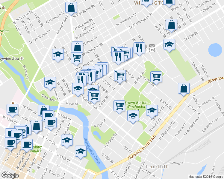 map of restaurants, bars, coffee shops, grocery stores, and more near 114 East 25th Street in Wilmington