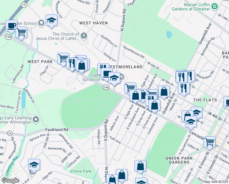 map of restaurants, bars, coffee shops, grocery stores, and more near 3408 Lancaster Avenue in Wilmington