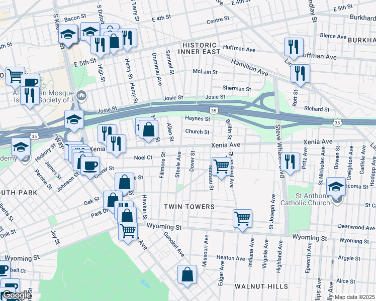 map of restaurants, bars, coffee shops, grocery stores, and more near 627 Xenia Avenue in Dayton