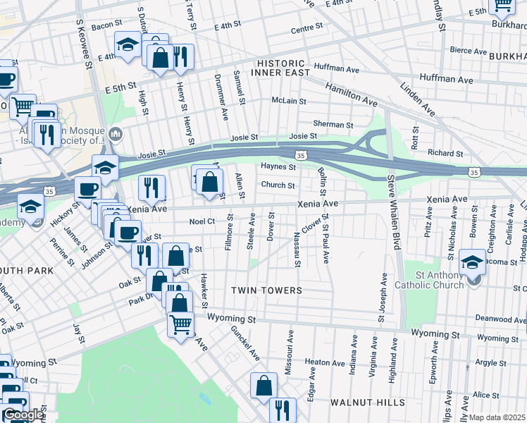 map of restaurants, bars, coffee shops, grocery stores, and more near 627 Xenia Avenue in Dayton