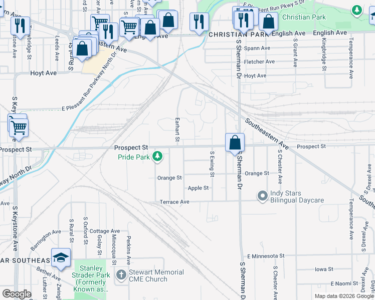 map of restaurants, bars, coffee shops, grocery stores, and more near 3534 Prospect Street in Indianapolis