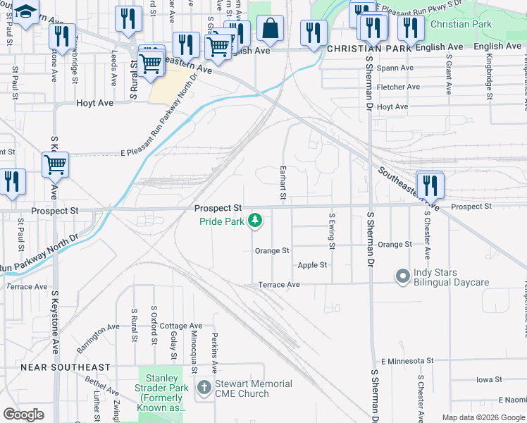 map of restaurants, bars, coffee shops, grocery stores, and more near 3428 Prospect Street in Indianapolis
