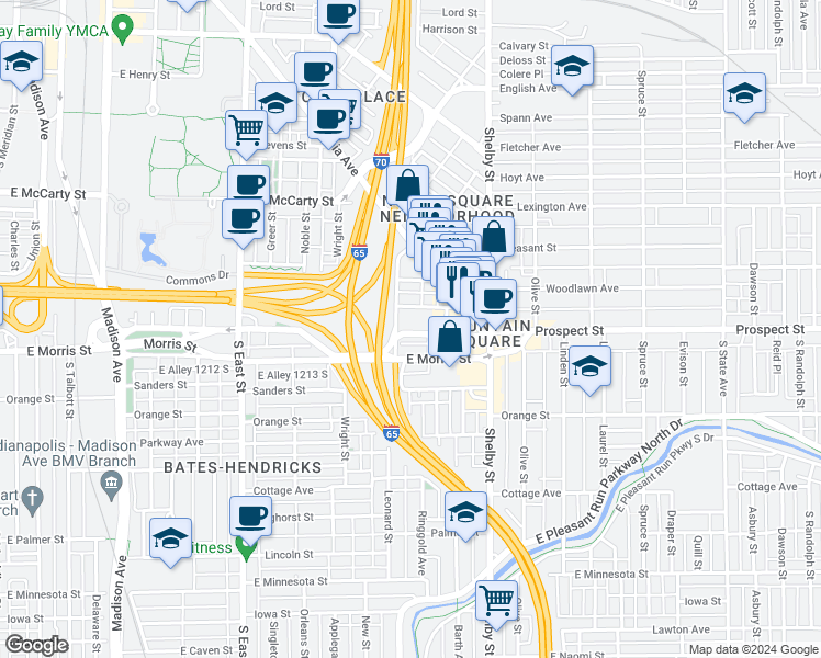 map of restaurants, bars, coffee shops, grocery stores, and more near 901 Woodlawn Avenue in Indianapolis