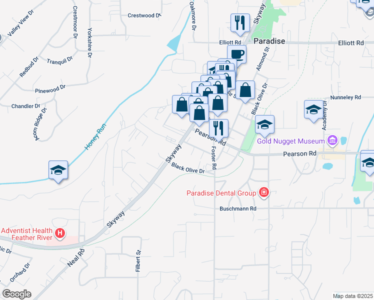 map of restaurants, bars, coffee shops, grocery stores, and more near 510 Oakwood Lane in Paradise
