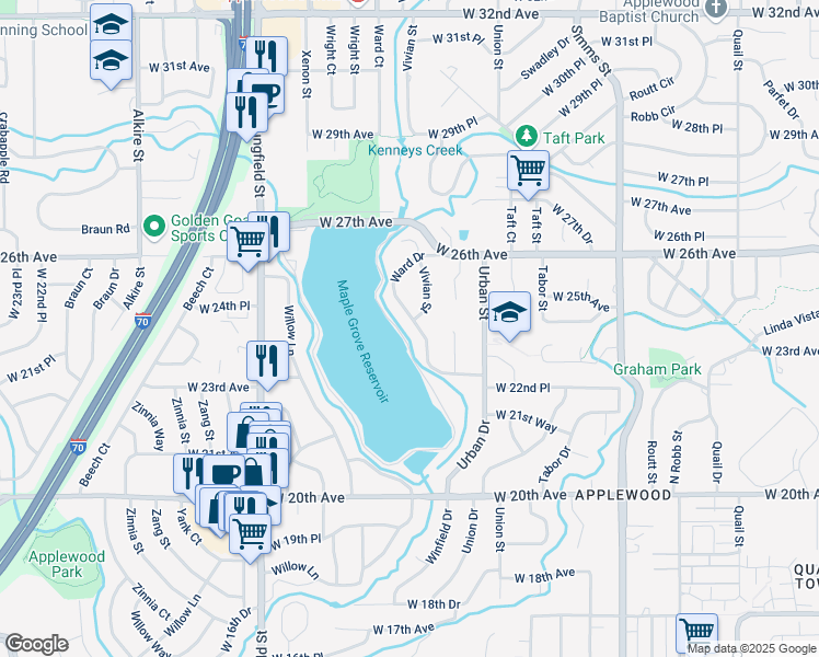 map of restaurants, bars, coffee shops, grocery stores, and more near 2458 Ward Drive in Lakewood
