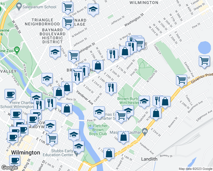 map of restaurants, bars, coffee shops, grocery stores, and more near 122 East 24th Street in Wilmington