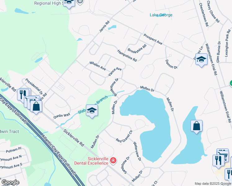 map of restaurants, bars, coffee shops, grocery stores, and more near 5 Brookstone Drive in Sicklerville