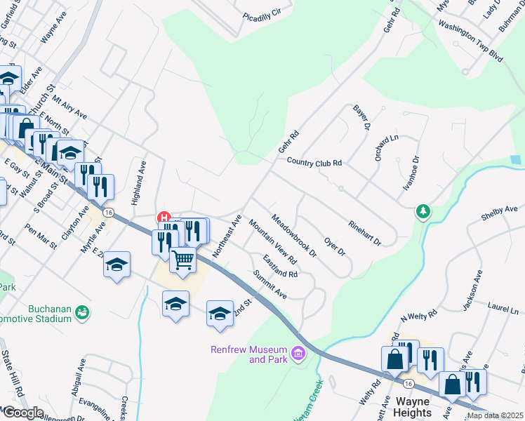 map of restaurants, bars, coffee shops, grocery stores, and more near 9104 Meadowbrook Drive in Waynesboro