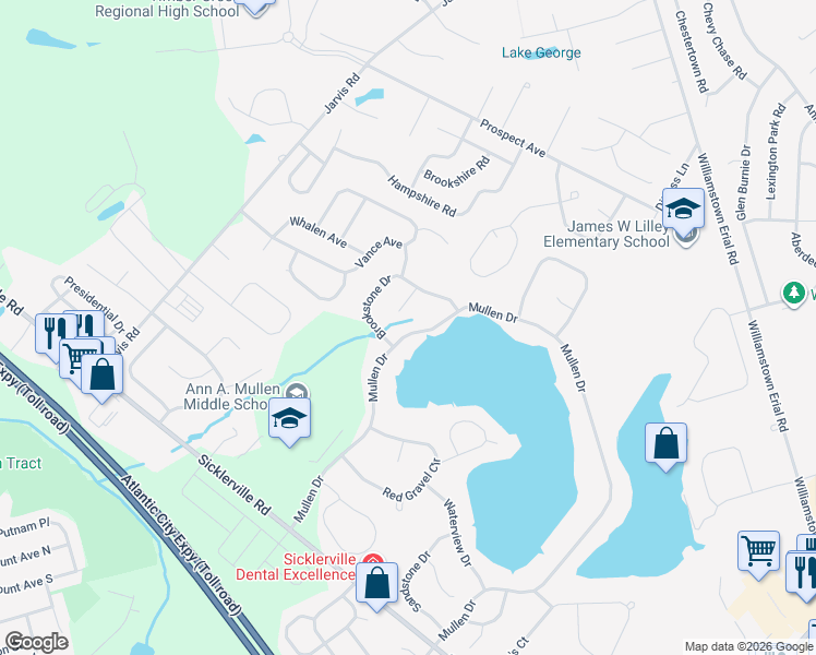 map of restaurants, bars, coffee shops, grocery stores, and more near 96 Mullen Drive in Gloucester Township