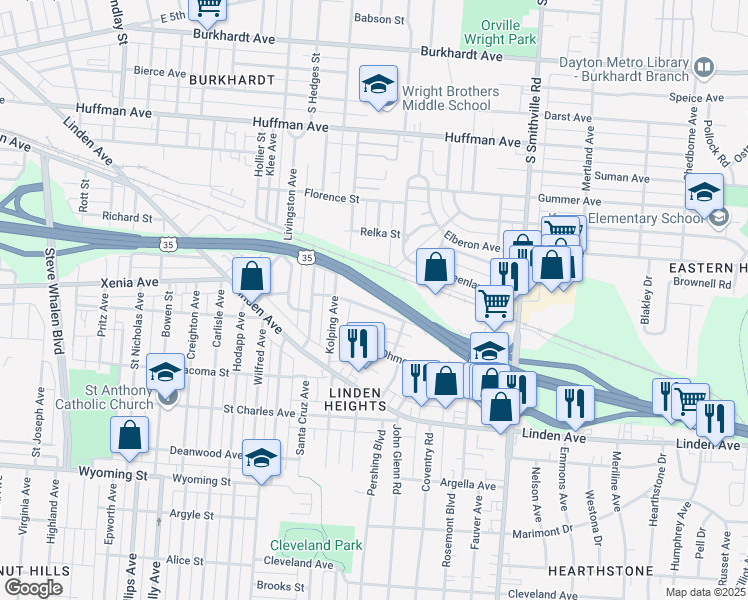 map of restaurants, bars, coffee shops, grocery stores, and more near 1347 Jordan Avenue in Dayton