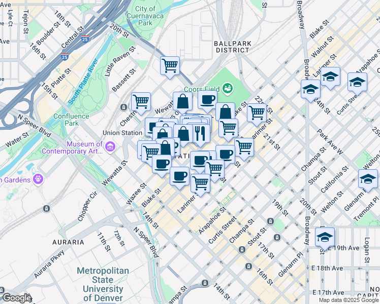 map of restaurants, bars, coffee shops, grocery stores, and more near 1755 Blake Street in Denver