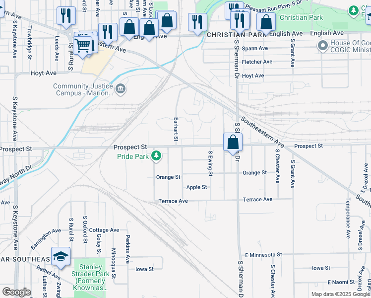 map of restaurants, bars, coffee shops, grocery stores, and more near 3534 Prospect Street in Indianapolis