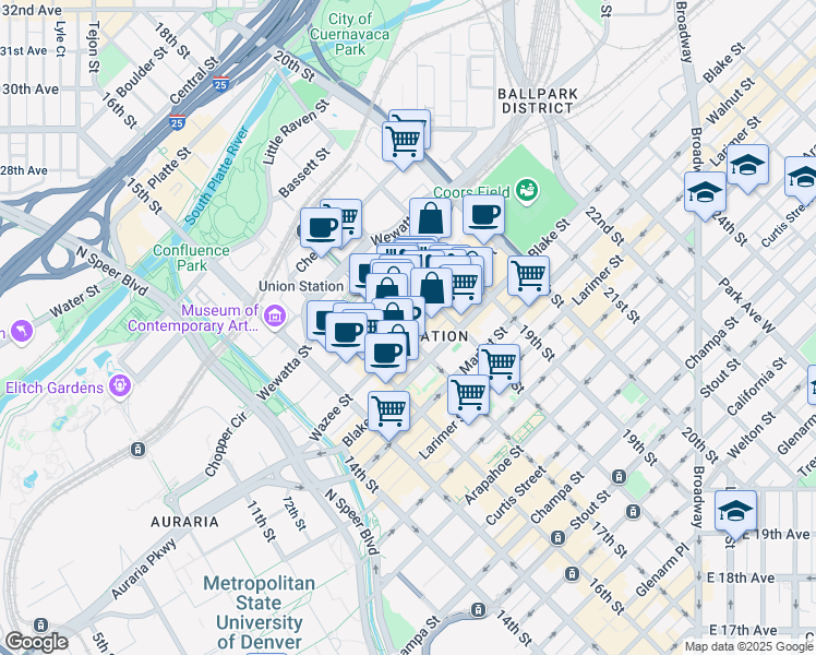 map of restaurants, bars, coffee shops, grocery stores, and more near 1743 Wazee Street in Denver