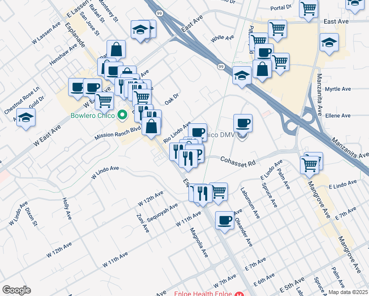 map of restaurants, bars, coffee shops, grocery stores, and more near 2 Williamsburg Lane in Chico
