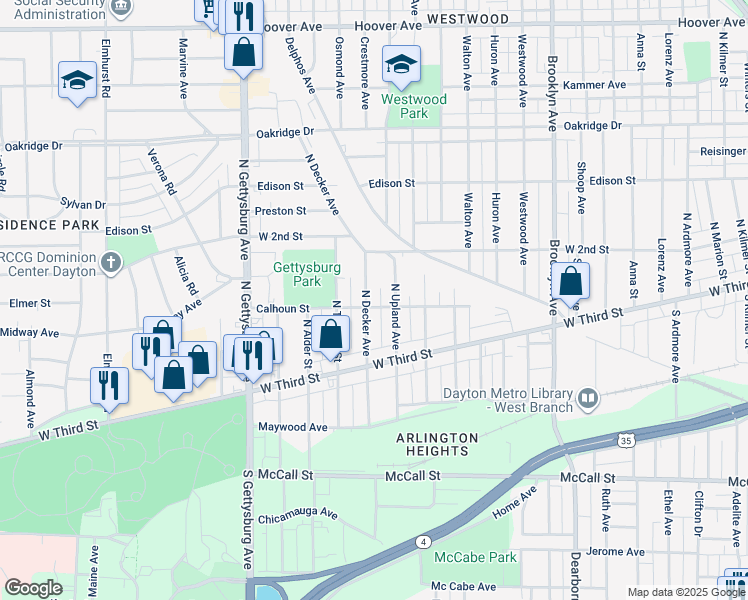 map of restaurants, bars, coffee shops, grocery stores, and more near 124 North Decker Avenue in Dayton